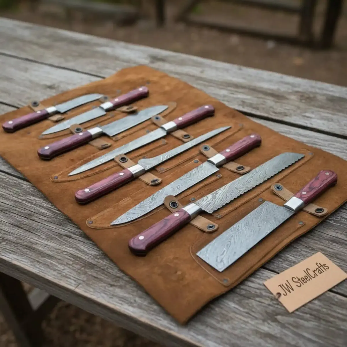 Premium 7-Piece Damascus Kitchen Knife Set, Red Pakka Wood Handle & Leather Roll Included 1
