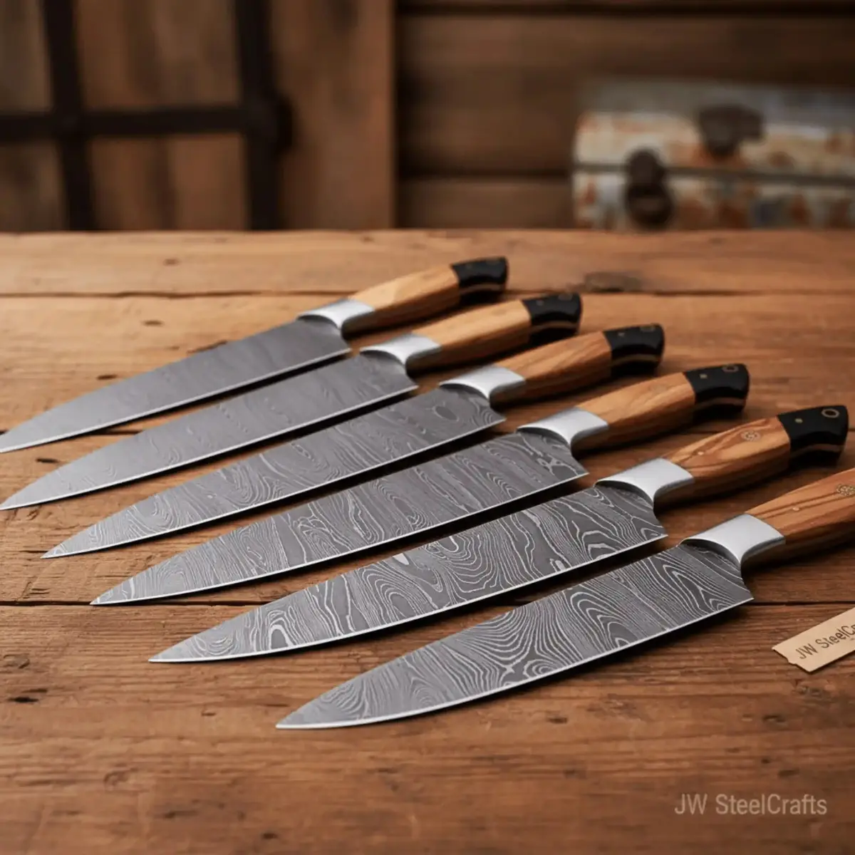 Handmade Damascus Knife Set, Olive Wood & Resin Handle 1