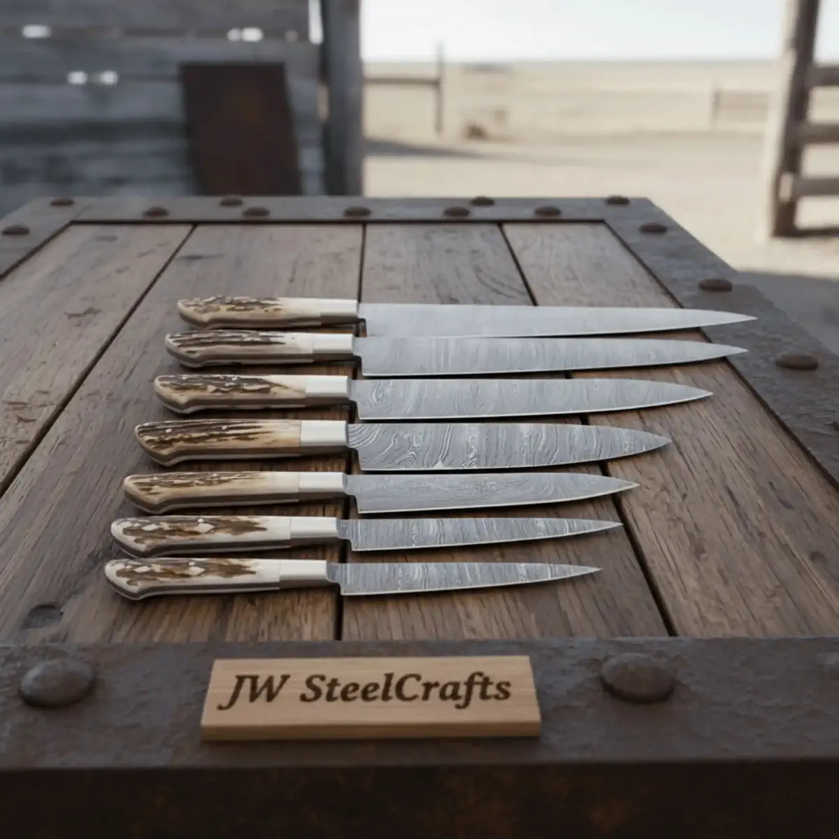 7-Piece Handcrafted Damascus Knife Set With Stag Antler Handles - Forged Steel Cooking Knives 1