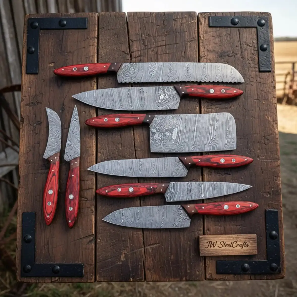 Handmade Damascus Kitchen Knife Set Of 8 With Red Pakka Wood Handles, Full Tang Chef Santoku Cleaver Bread Utility And Paring Knives, Forged Damascus Steel Jw Steelcrafts 1
