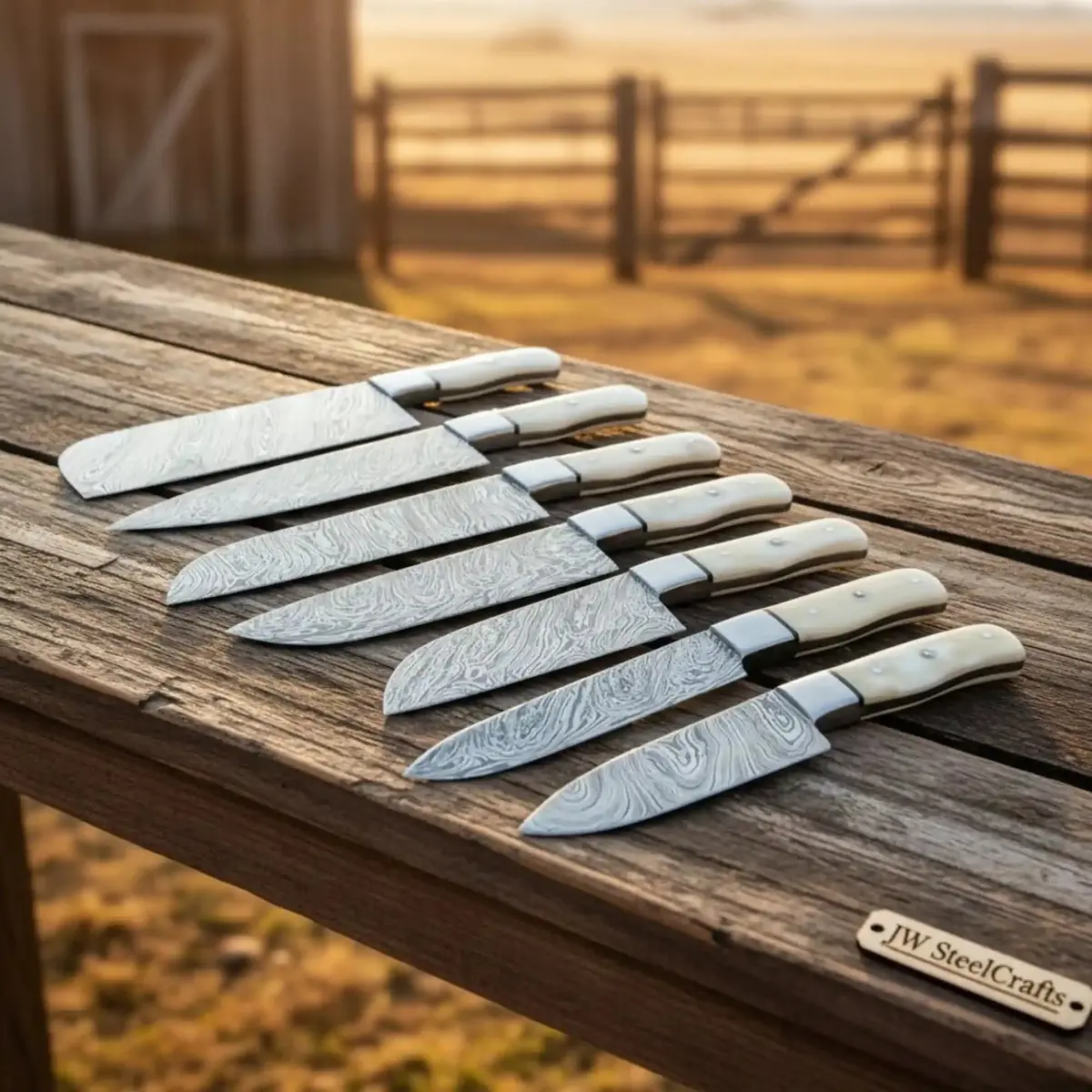 Damascus Bone Handle Kitchen Knife Set: Chef Utility, Santoku, Paring 1
