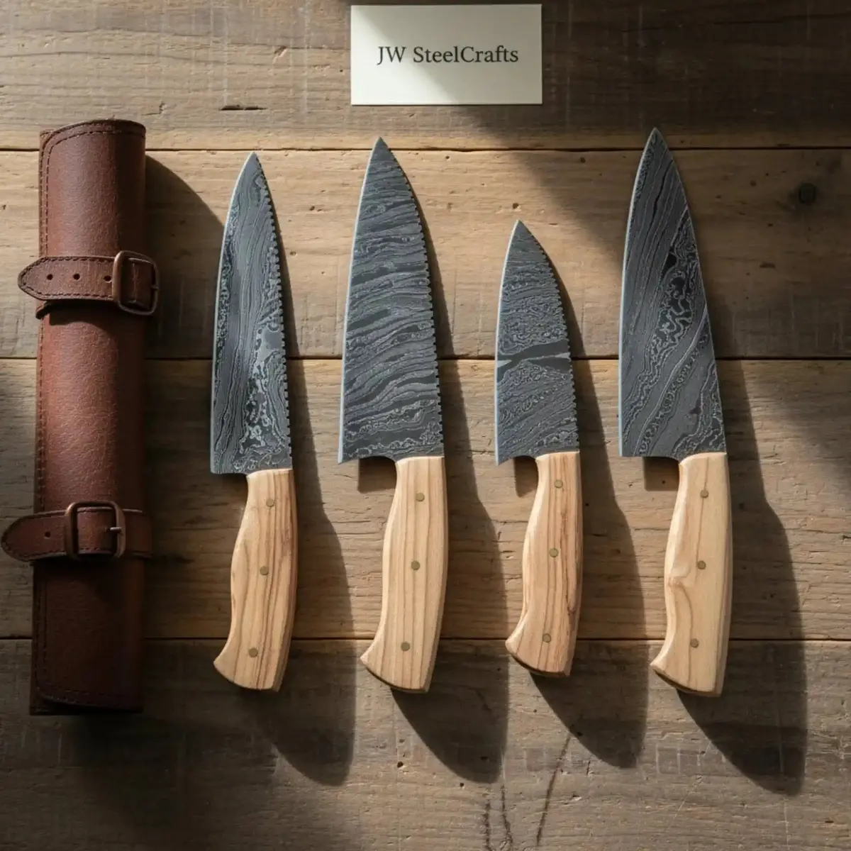 Handmade Damascus Kitchen Knife Set With Olive Wood Handles & Leather Roll By Jw Steelcrafts 1