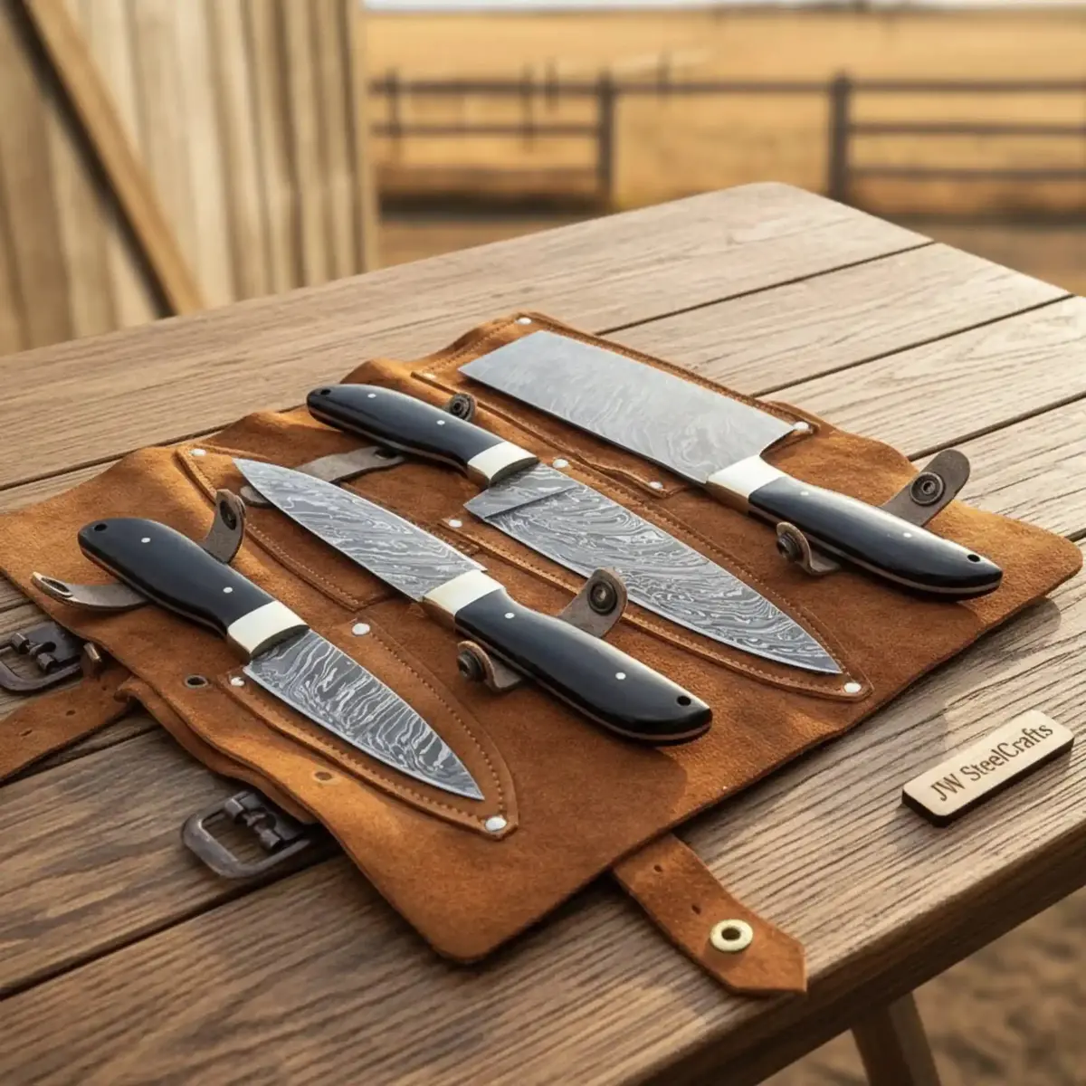 Damascus Kitchen Knife Set, Handcrafted With Black Micarta Handles, Leather Roll Included 1
