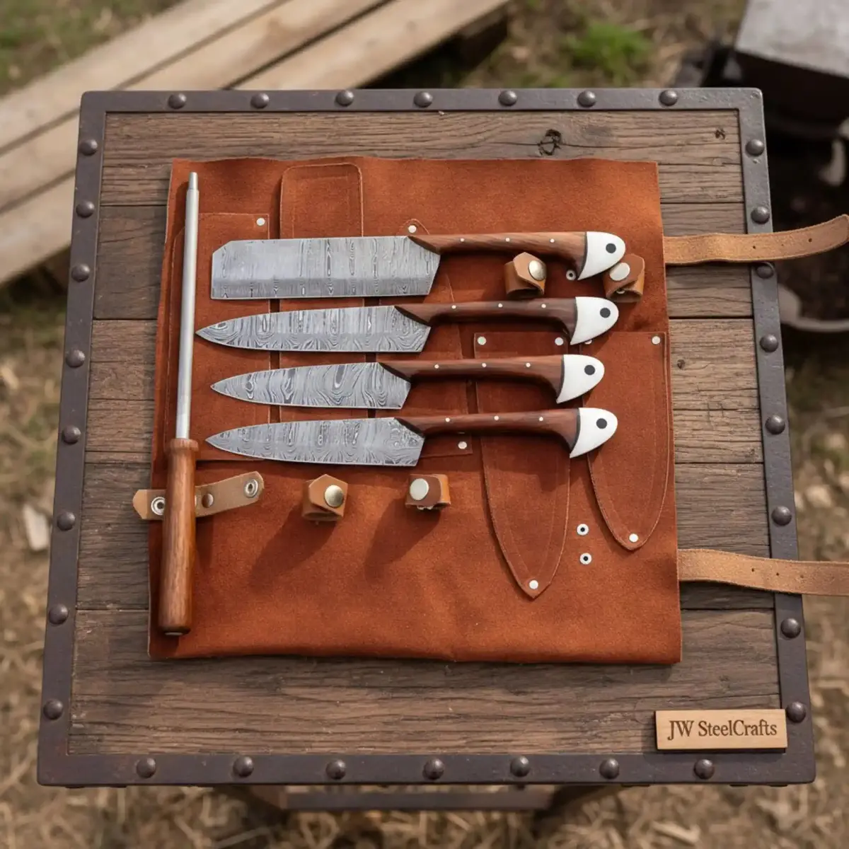 Hand-Forged Damascus Chef Knife Set With Leather Roll & Sharpening Rod - Rosewood Handle Collection 1