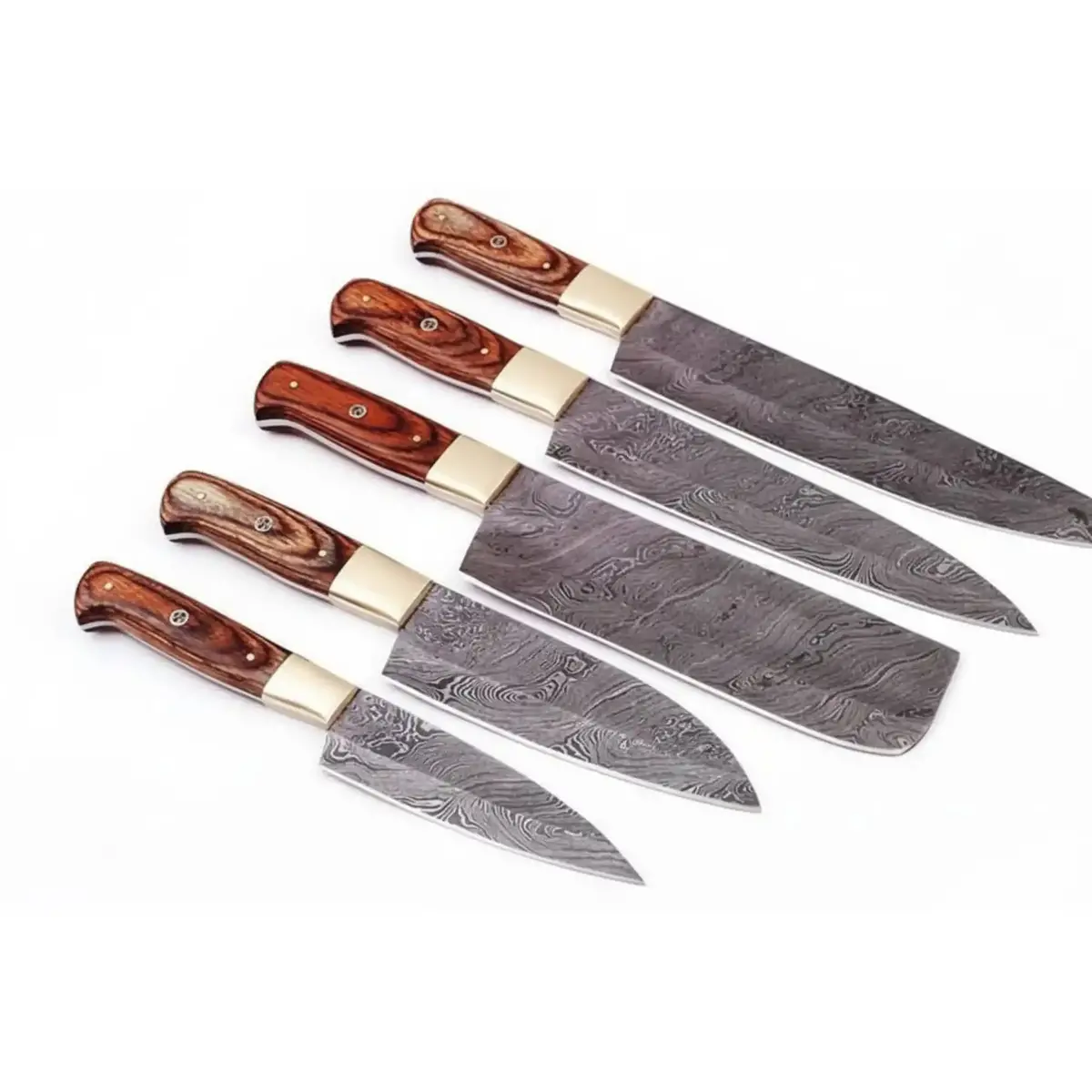 Handmade Damascus Kitchen Knife Set With Pakka Wood Handles And Leather Roll, Full Tang Chef Santoku Cleaver Utility And Paring Knives, Professional Culinary Collection 1