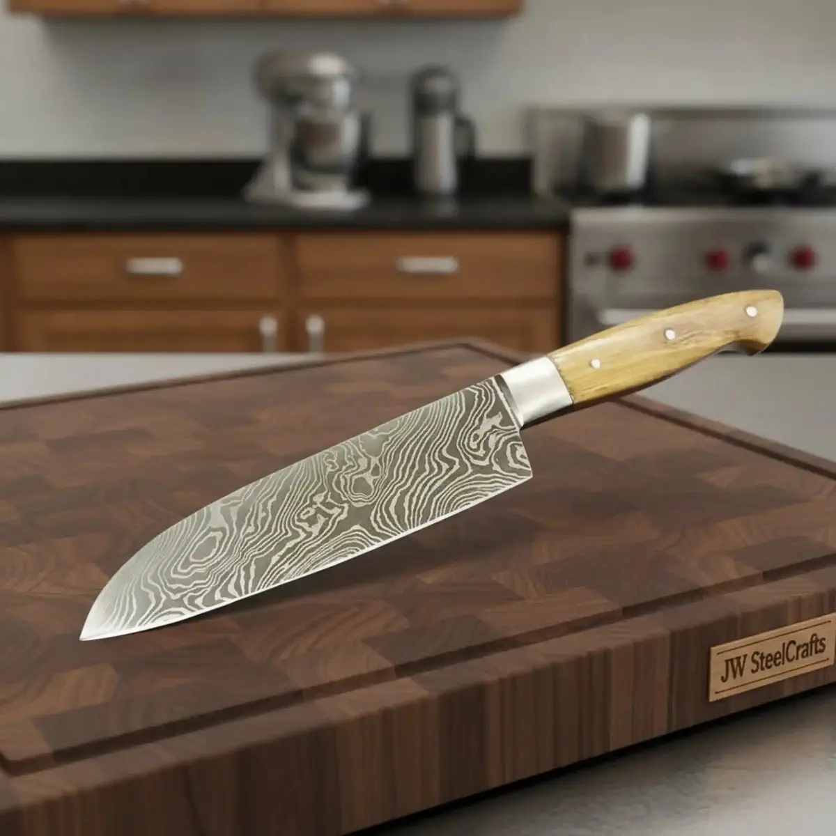 Custom Handmade Damascus Santoku Knife, Olive Wood Handle Japanese Chef Knife 1