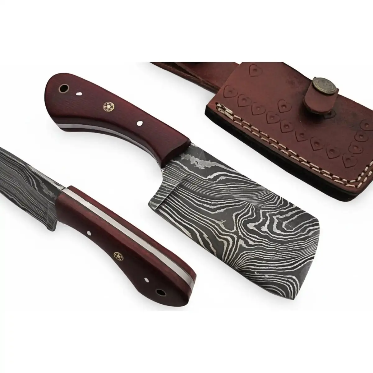 Handmade Damascus Skinner Knife Full Tang Twisted Pattern Blade Red Micarta Handle Mosaic Pin With Leather Sheath 1