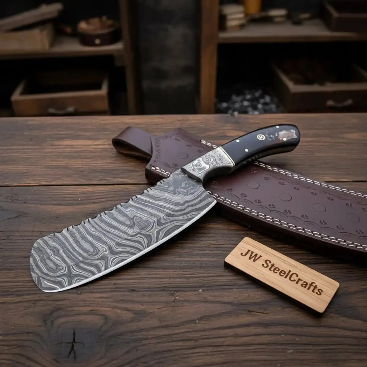 Handcrafted Damascus Skinner Knife With Bolster & Micarta Handle + Leather Sheath 1