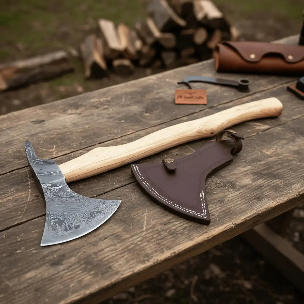 Handmade Damascus Steel Bearded Spike Axe – Hand Forged Viking Bearded Axe With Ash Wood Handle And Leather Sheath | Jw Steelcrafts 1