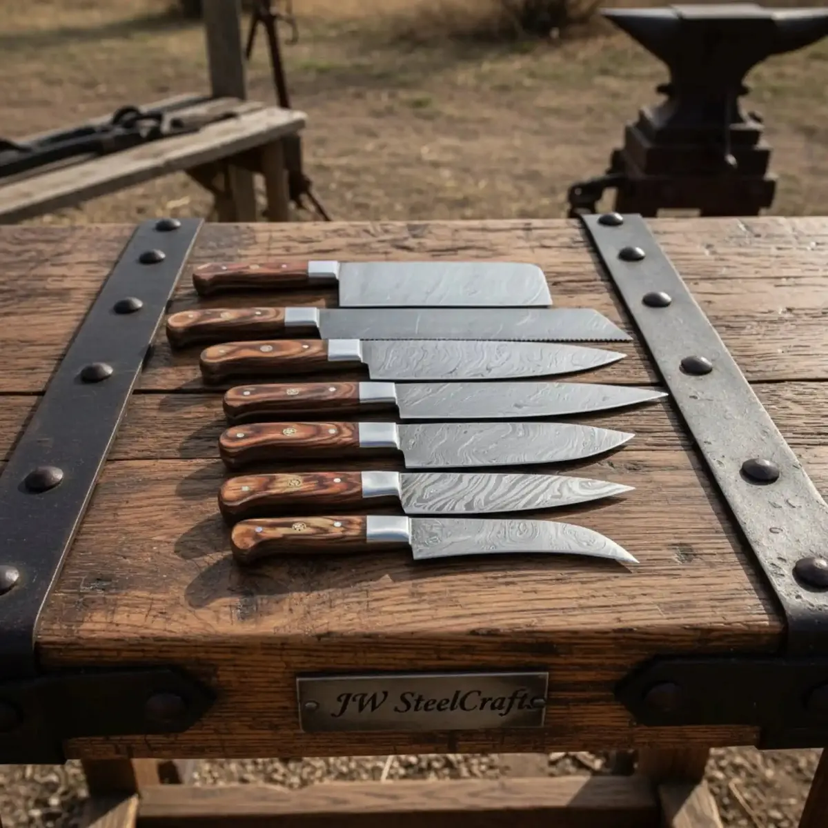 Handmade Damascus Steel Blades Kitchen Knife Chef Knife 7 Piece Set 1