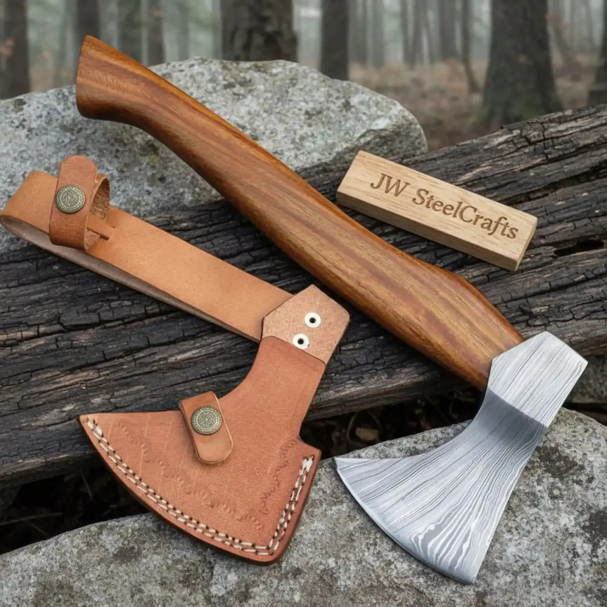 Compact Damascus Steel Camping Axe With Hardwood Handle & Leather Sheath 1