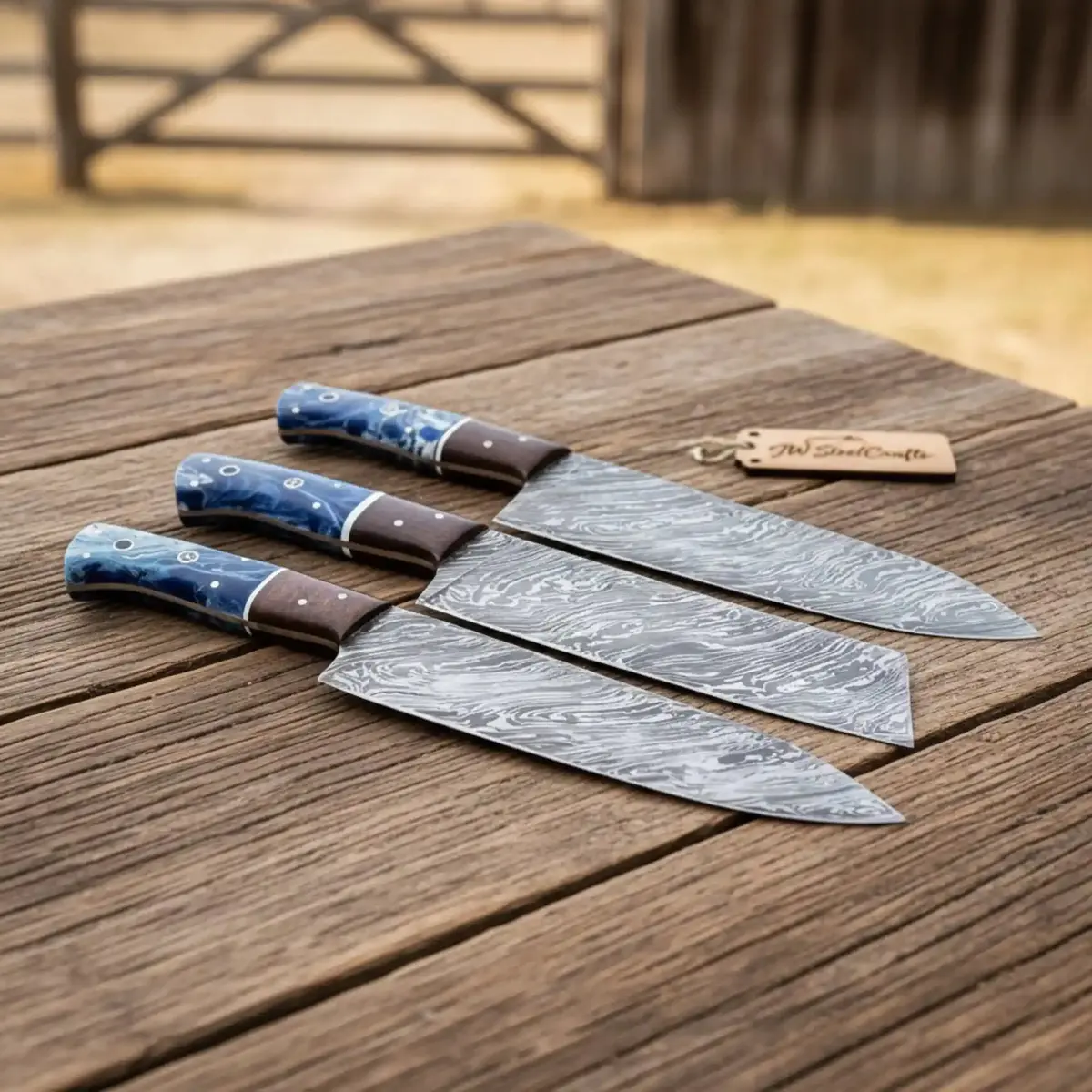 Handmade Damascus Steel Chef Knife Set, 3 Piece Kitchen Knife Set With Resin And Wood Handles, Professional Cooking Knives With Leather Roll, Custom Chef Gift Set Jw Steelcrafts 1
