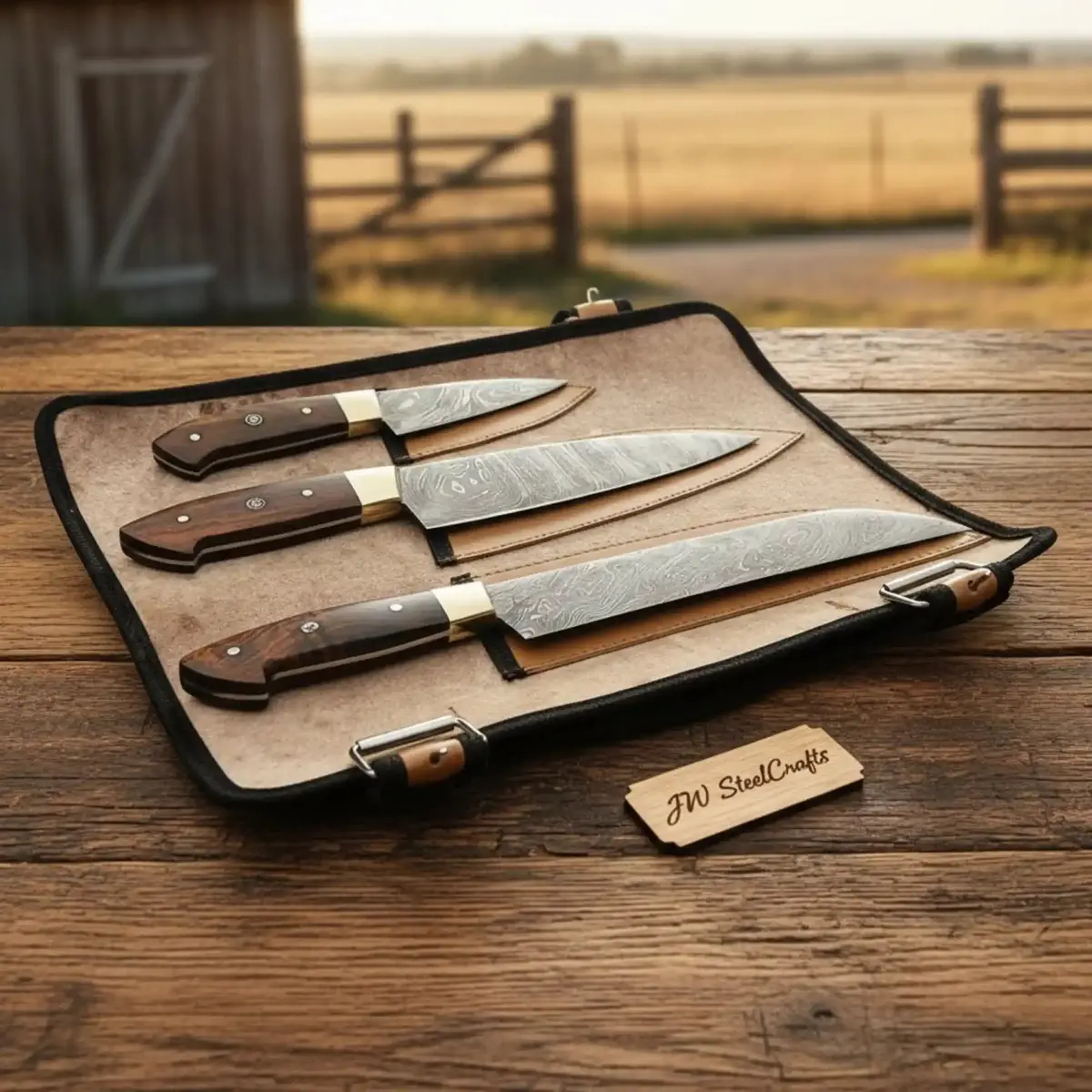 Handmade Damascus Steel 3-Piece Chef Knife Set With Pakka Wood Handles And Leather Roll By Jw Steel 1