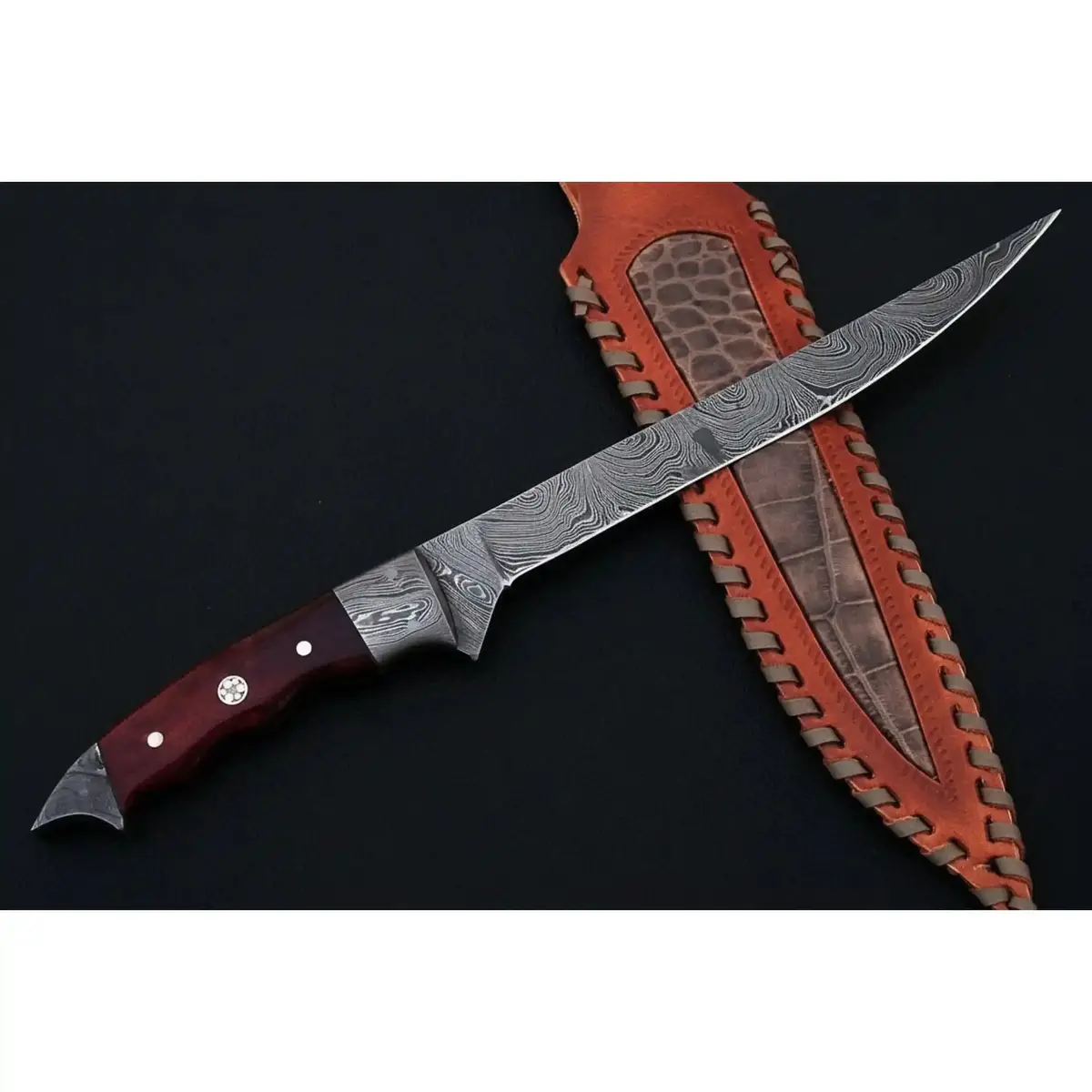 Handmade Damascus Steel Fillet Knife – 13 Inch Overall, 6 Inch Flexible Blade, Full Tang Fishing Knife With Hardwood Handle And Leather Sheath, Professional Fish Filleting Knife, Jw Steelcrafts 1
