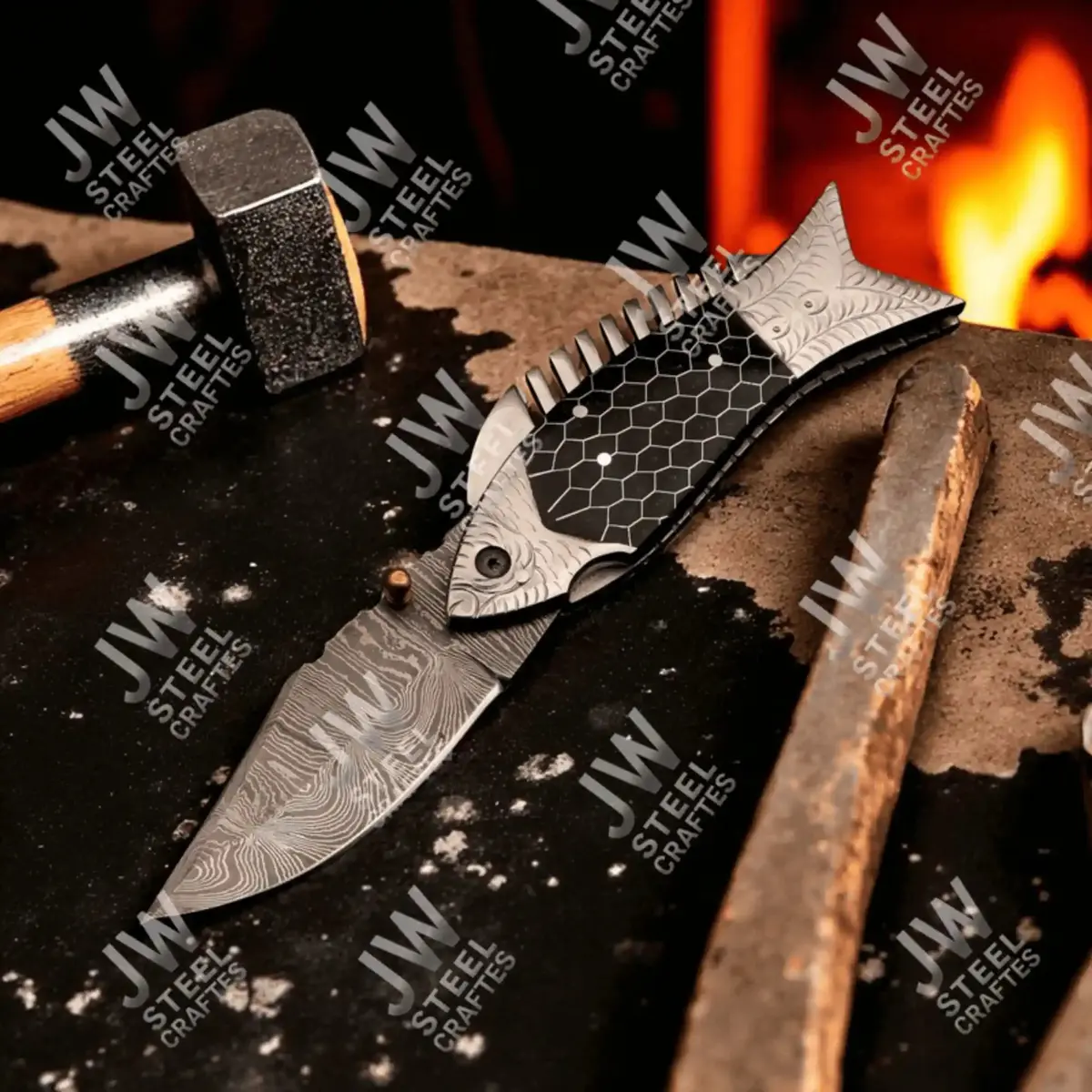 Handmade Damascus Steel Folding Knife – Black Honeycomb Handle, Engraved Bolster 1