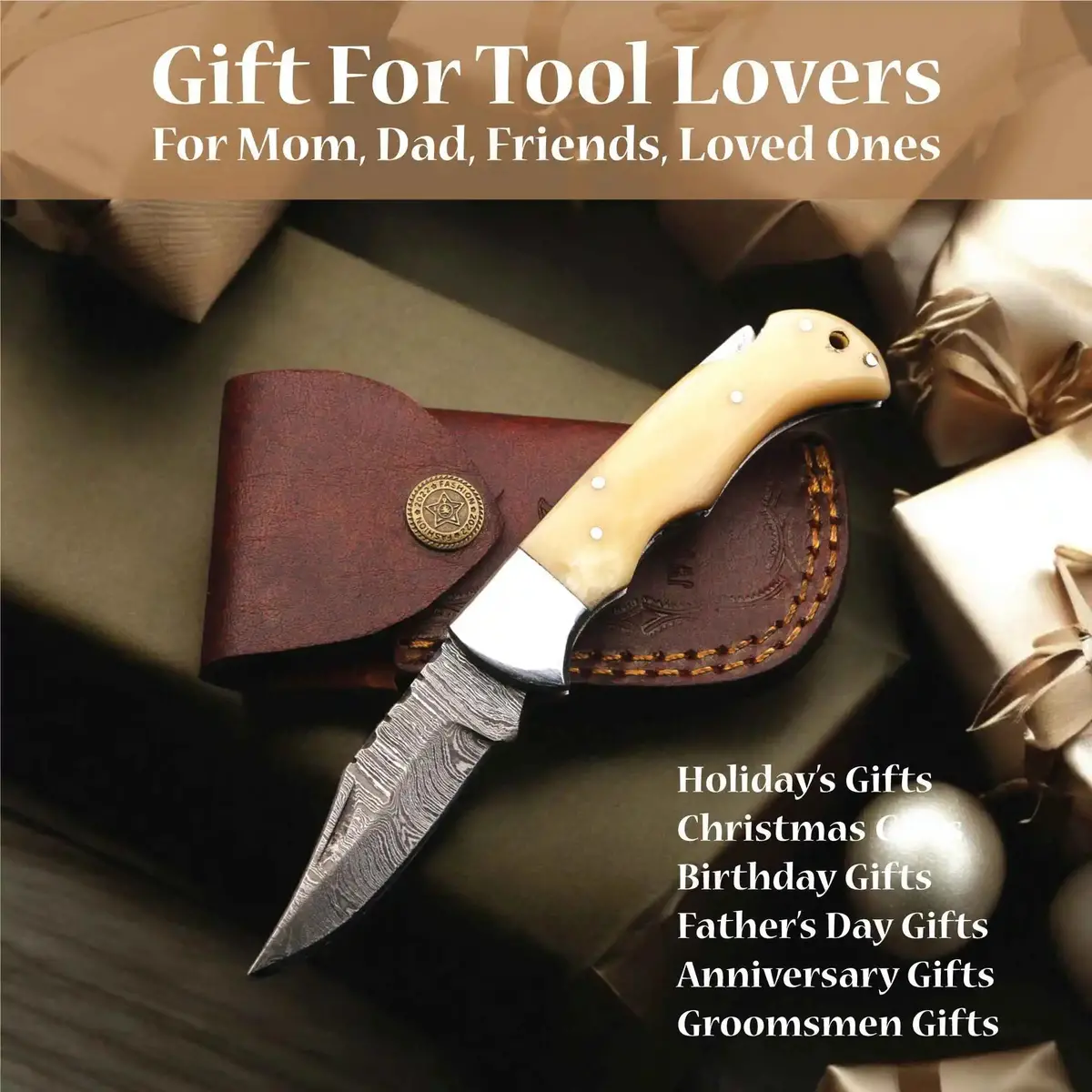 Handmade Damascus Steel Folding Knife – Camel Bone Handle (5 Handle Options) 1