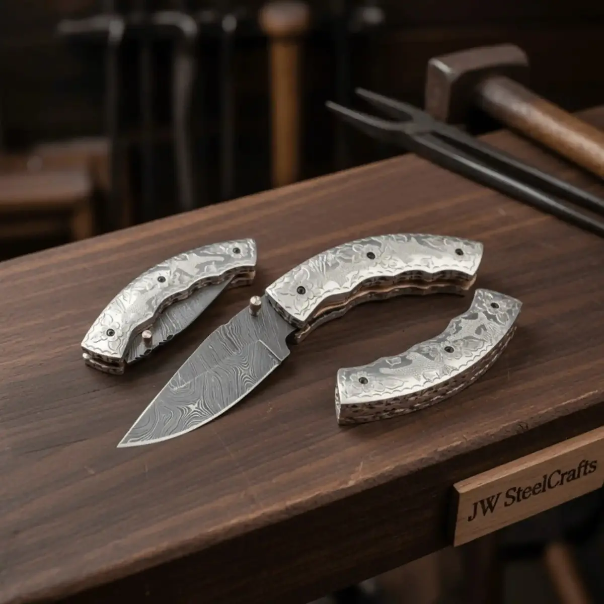 Handmade Damascus Steel Folding Knife – Engraved Brass Handle Edc Pocket Knife With Leather Sheath 1