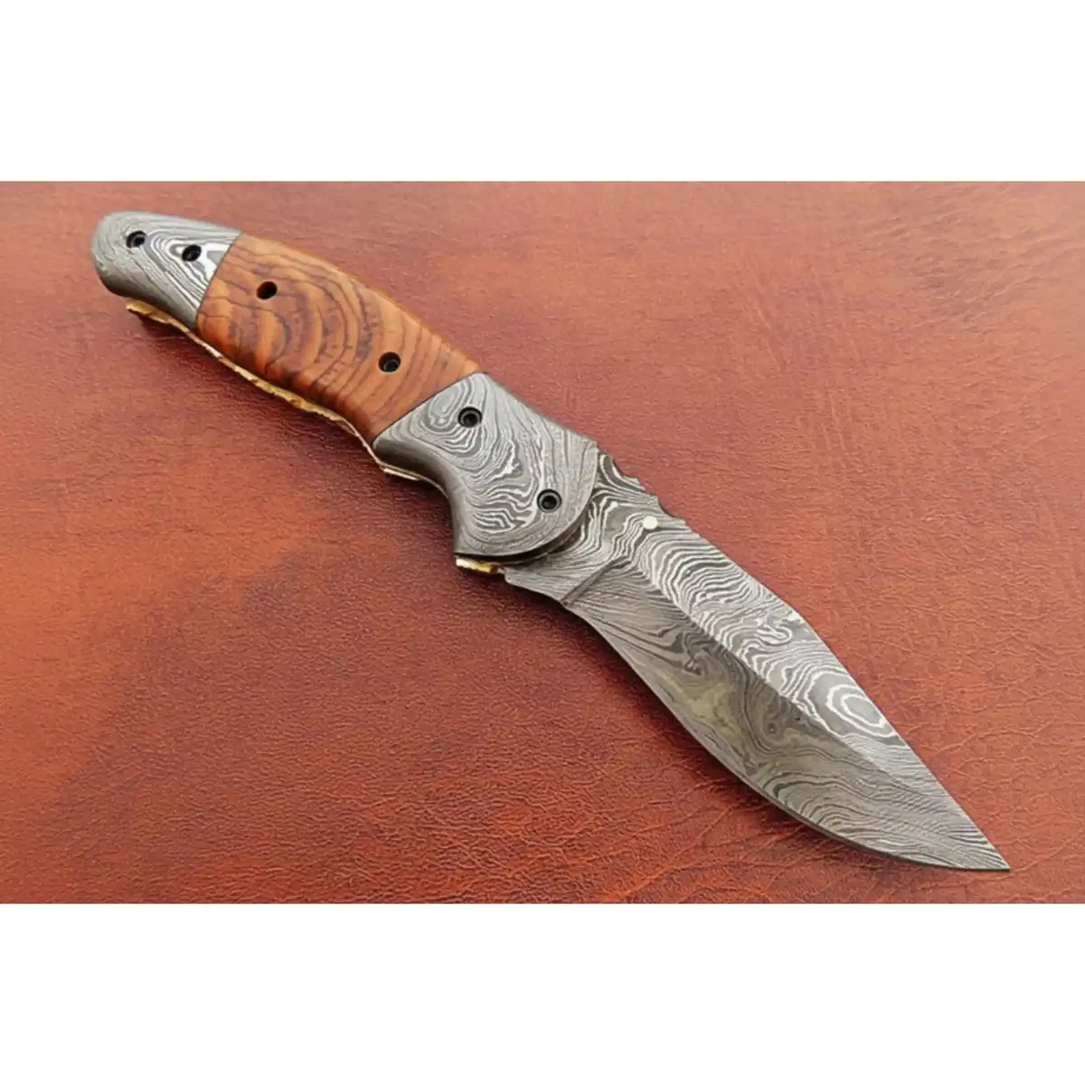 Handmade Damascus Steel Folding Knife With Amber Burl Wood Handle – Custom Pocket Knife By Jw Steelcrafts 1