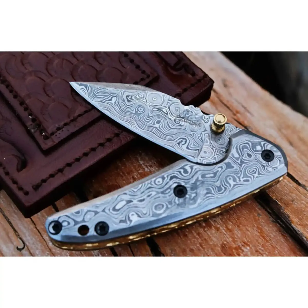 Handmade Damascus Steel Folding Knife With Dark Wood Handle & Leather Sheath 1