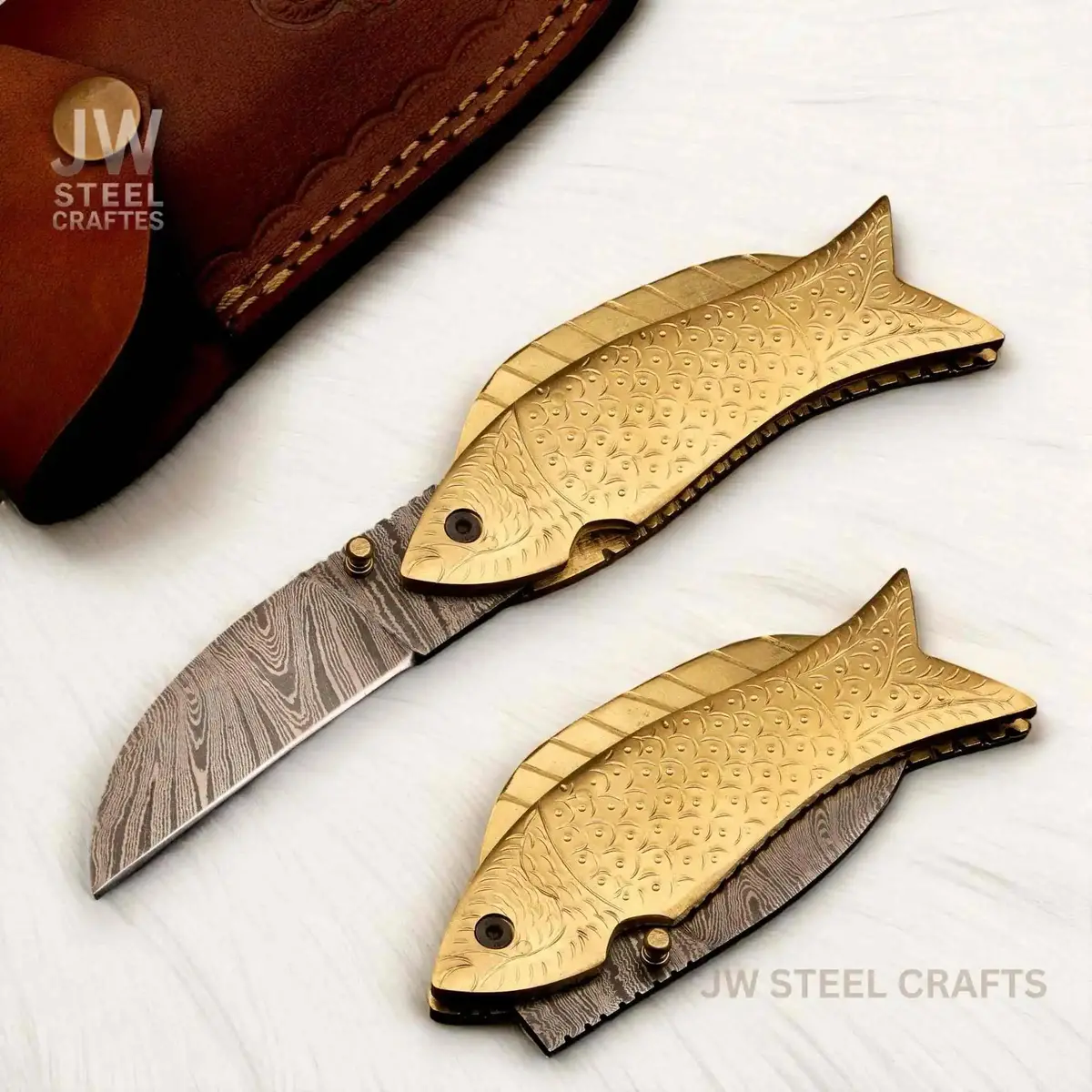 Handmade Damascus Steel Folding Knife With Engraved Brass Fish Handle 1
