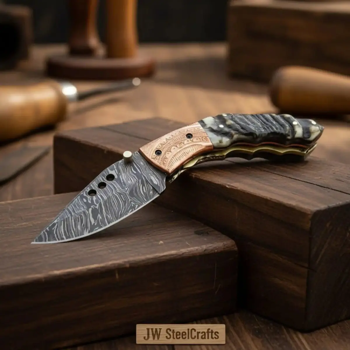 Handmade Damascus Steel Folding Knife With Engraved Metal Handle – Premium Edc Pocket Knife 1