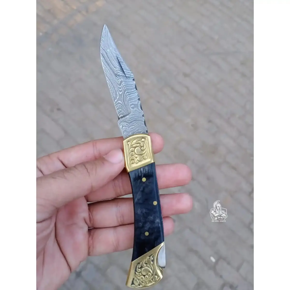 Handmade Damascus Steel Folding Knife With Gray Micarta Handle And Brass Thumb Stud – Custom Edc Pocket Knife By Jw Steelcrafts 1