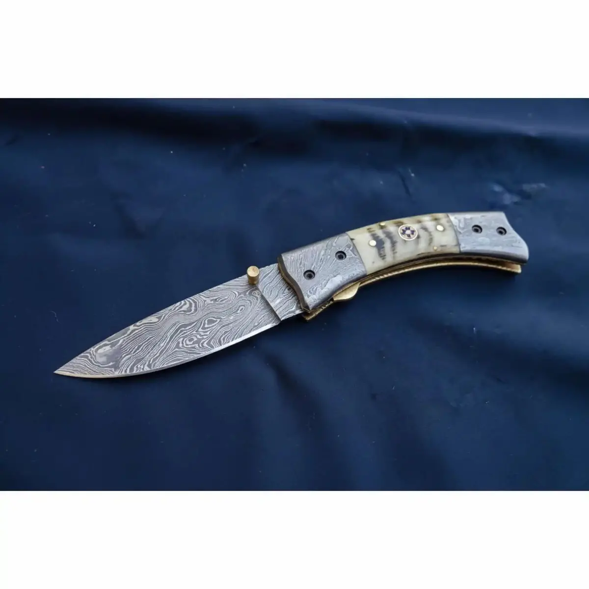 Handmade Damascus Steel Folding Knife With Natural Bone Handle – Custom Pocket Knife 1