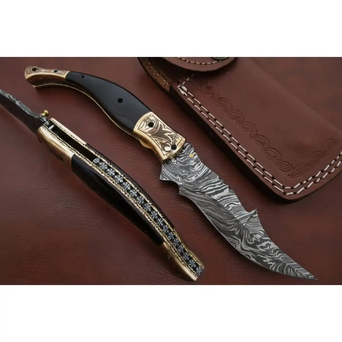 Handmade Damascus Steel Folding Knife With Teal Handle, Engraved Bolster & Leather Sheath 1
