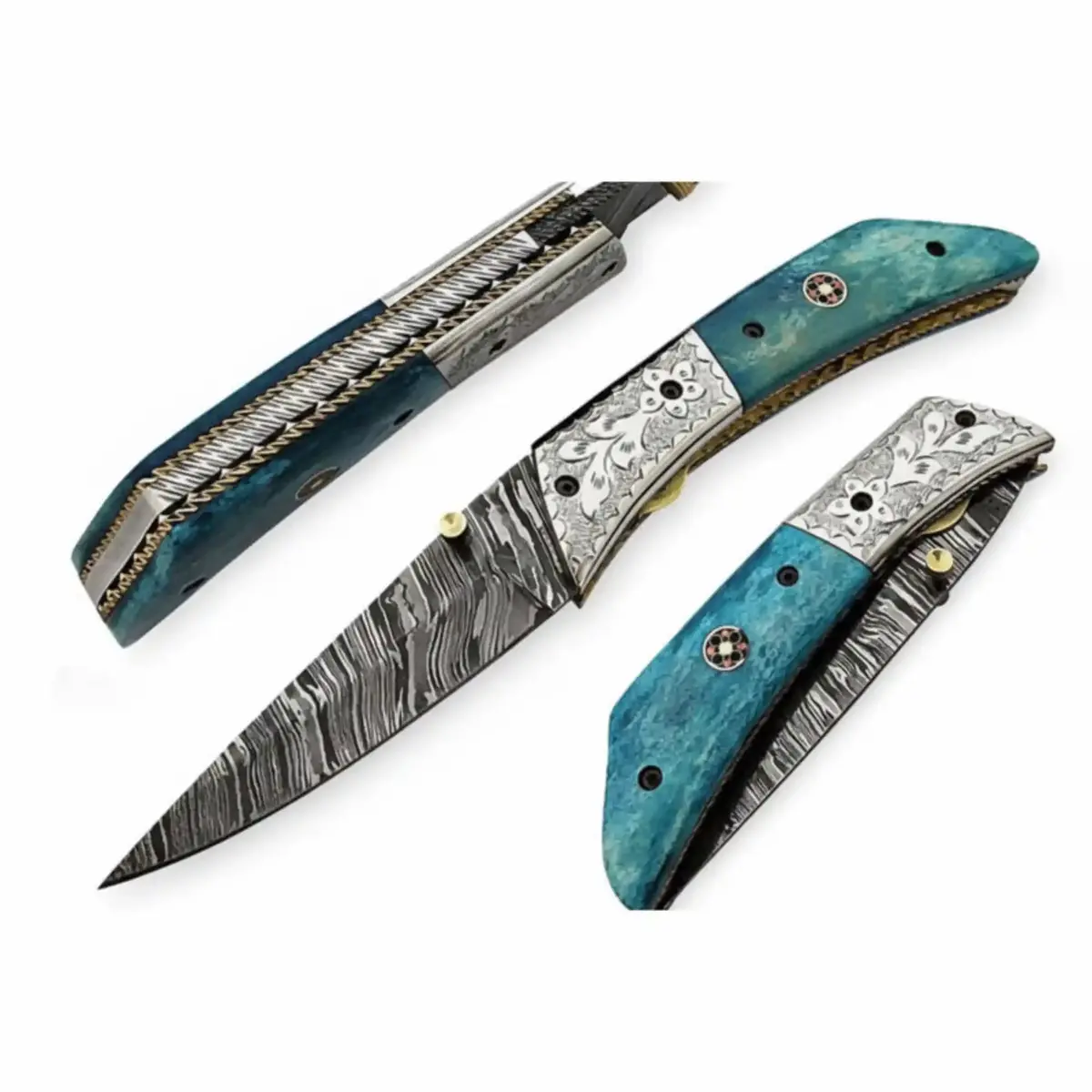 Handmade Damascus Steel Folding Knife With Teal Wood Handle & Engraved Bolster 1