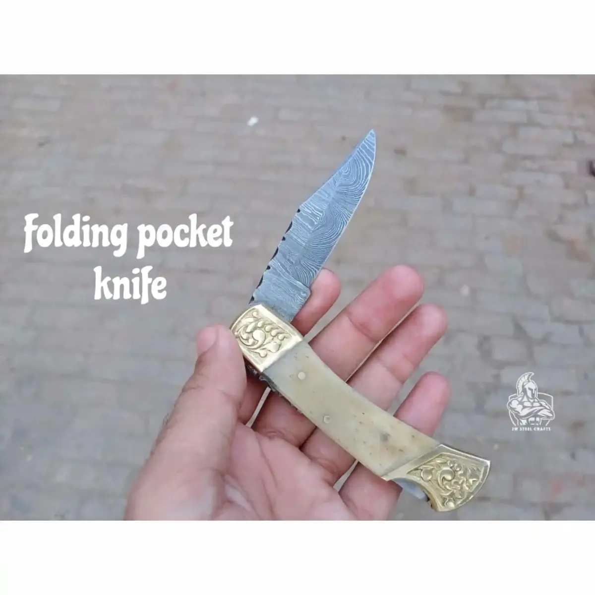 Handmade Damascus Steel Folding Pocket Knife With Bone Handle & Engraved Brass Bolsters 1