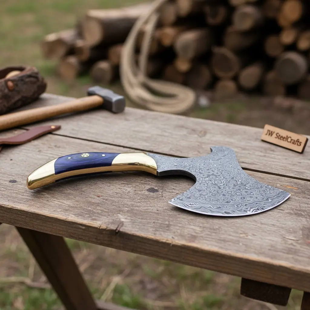 Damascus Steel Bushcraft Axe With Hardwood Handle & Leather Sheath 1