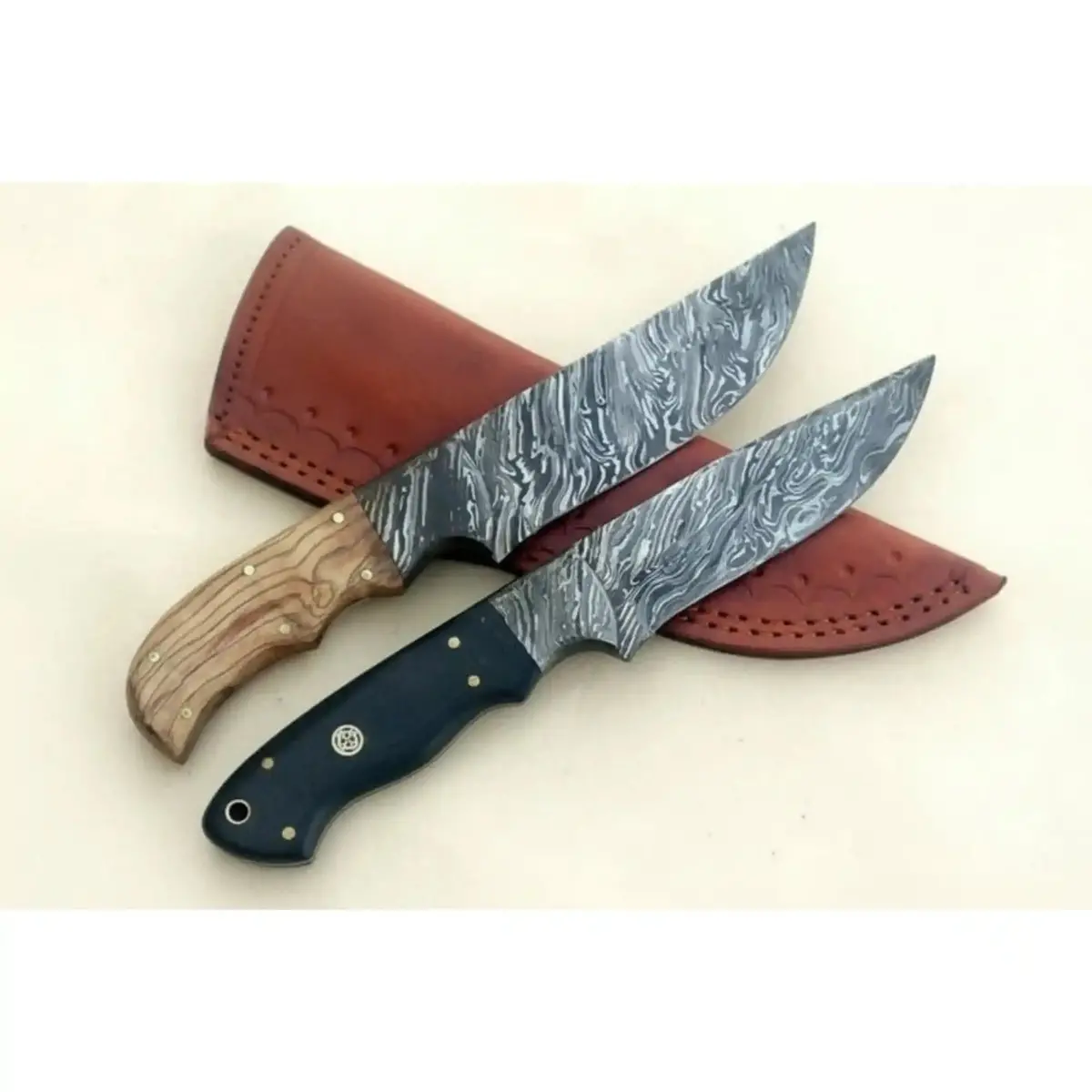 Handmade Damascus Steel Hunting Skinner Knife Lot Of 2/ Fixed Blades Knives With Leather Sheaths 1