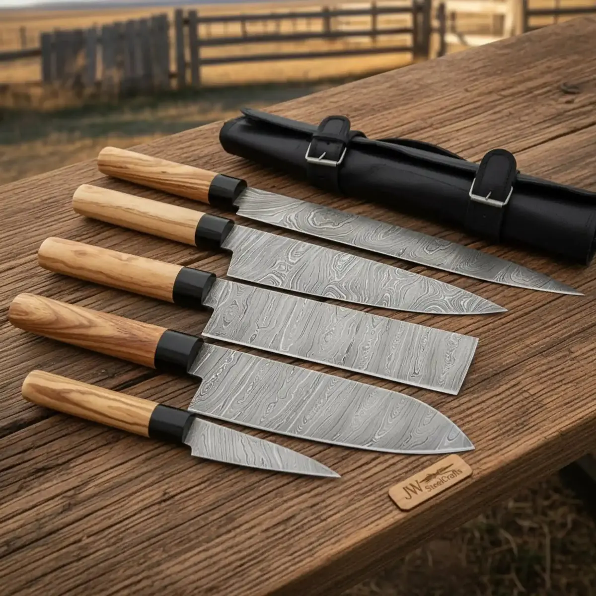 Handmade Damascus Steel Kitchen Knife Set, 5 Piece Chef Knife Set With Olive Wood Handles And Leather Roll, Professional Cooking Knife Set Jw Steelcrafts 1