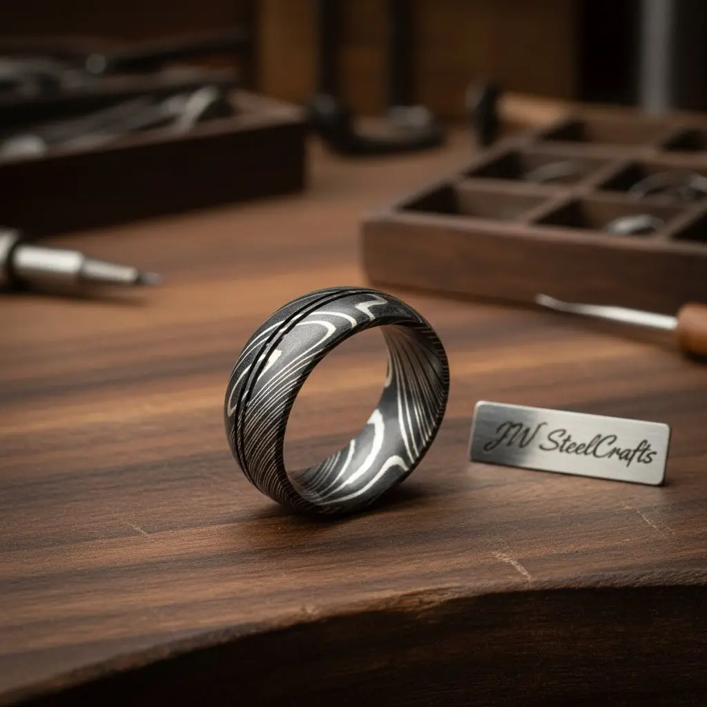 Mens Damascus Steel Wedding Band Double Center Groove Pattern Ring 1