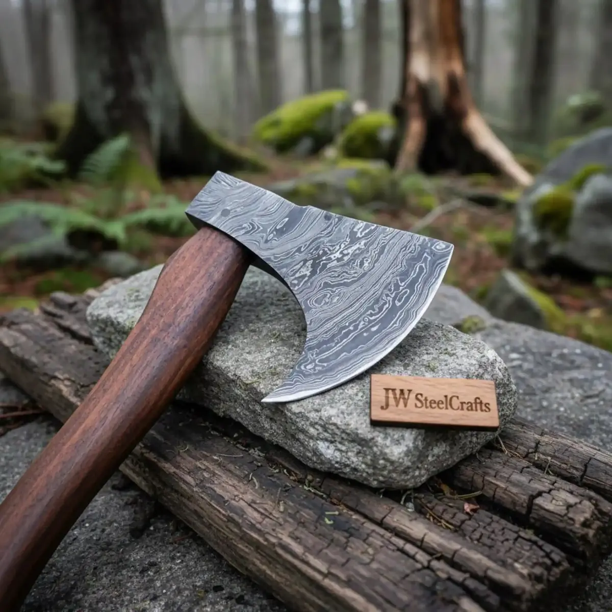 Handmade Damascus Steel Tomahawk Axe – Hand Forged Bearded Hatchet With Curved Hardwood Handle For Camping And Bushcraft | Jw Steelcrafts 1
