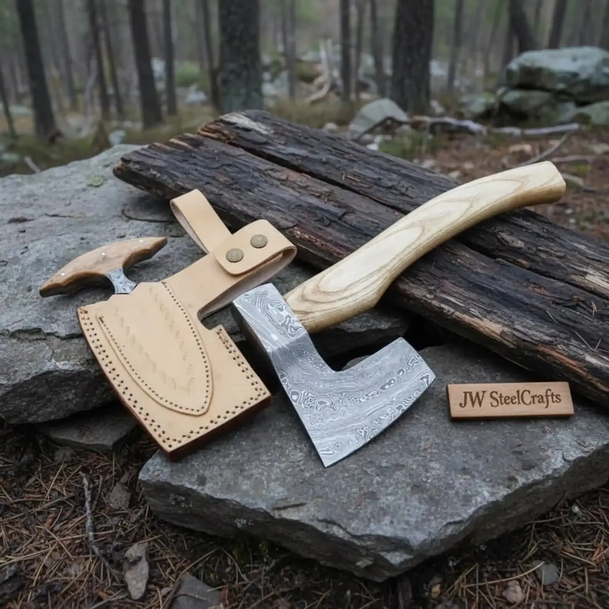Handmade Damascus Steel Viking Axe And Matching Knife Set With Ash Wood Handle And Leather Sheath 1