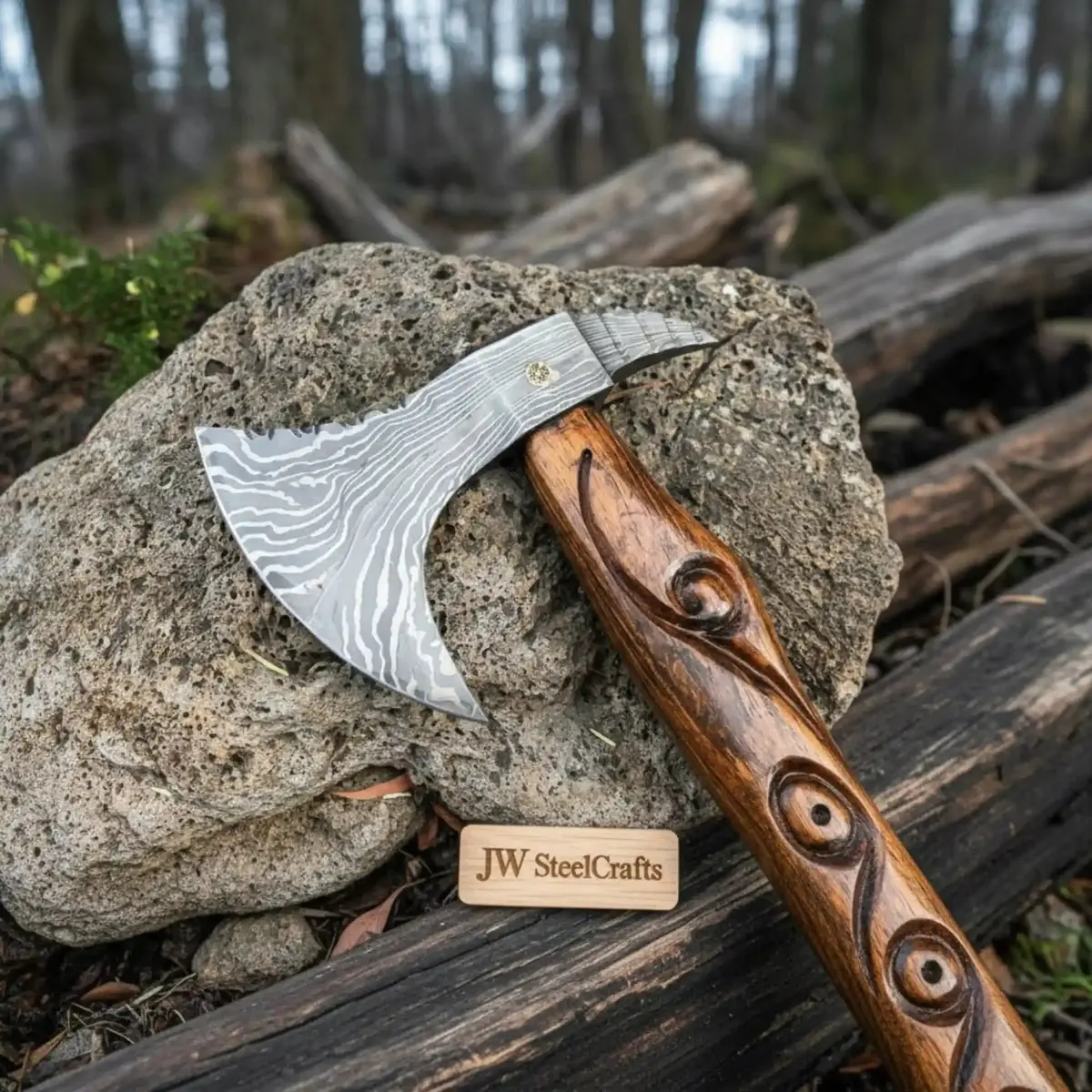 Handmade Damascus Steel Viking Bearded Axe – Pattern Welded Blade With Carved Hardwood Handle | Jw Steelcrafts 1
