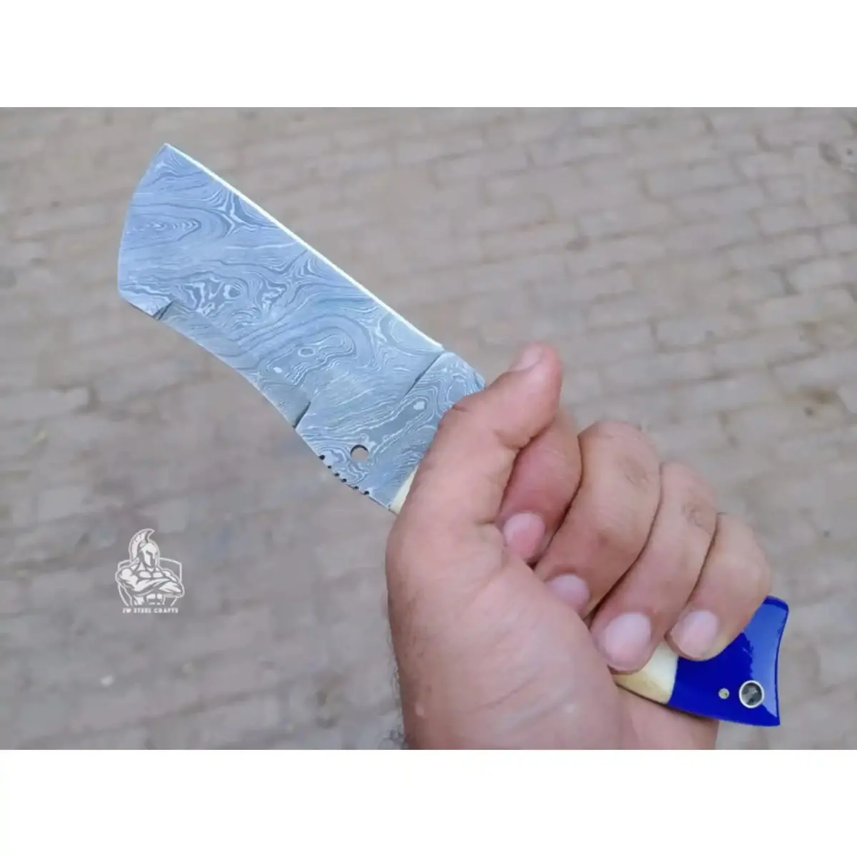 Handmade Damascus Tanto Knife With Bone And Blue Resin Handle, Fixed Blade Outdoor Utility Knife 1