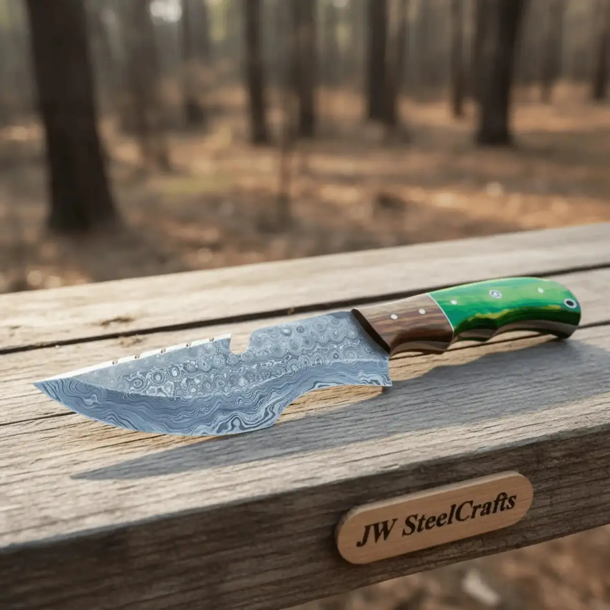 Handmade Damascus Tracker Knife 10 Inch With Green Pakka Wood And Rosewood Handle 1