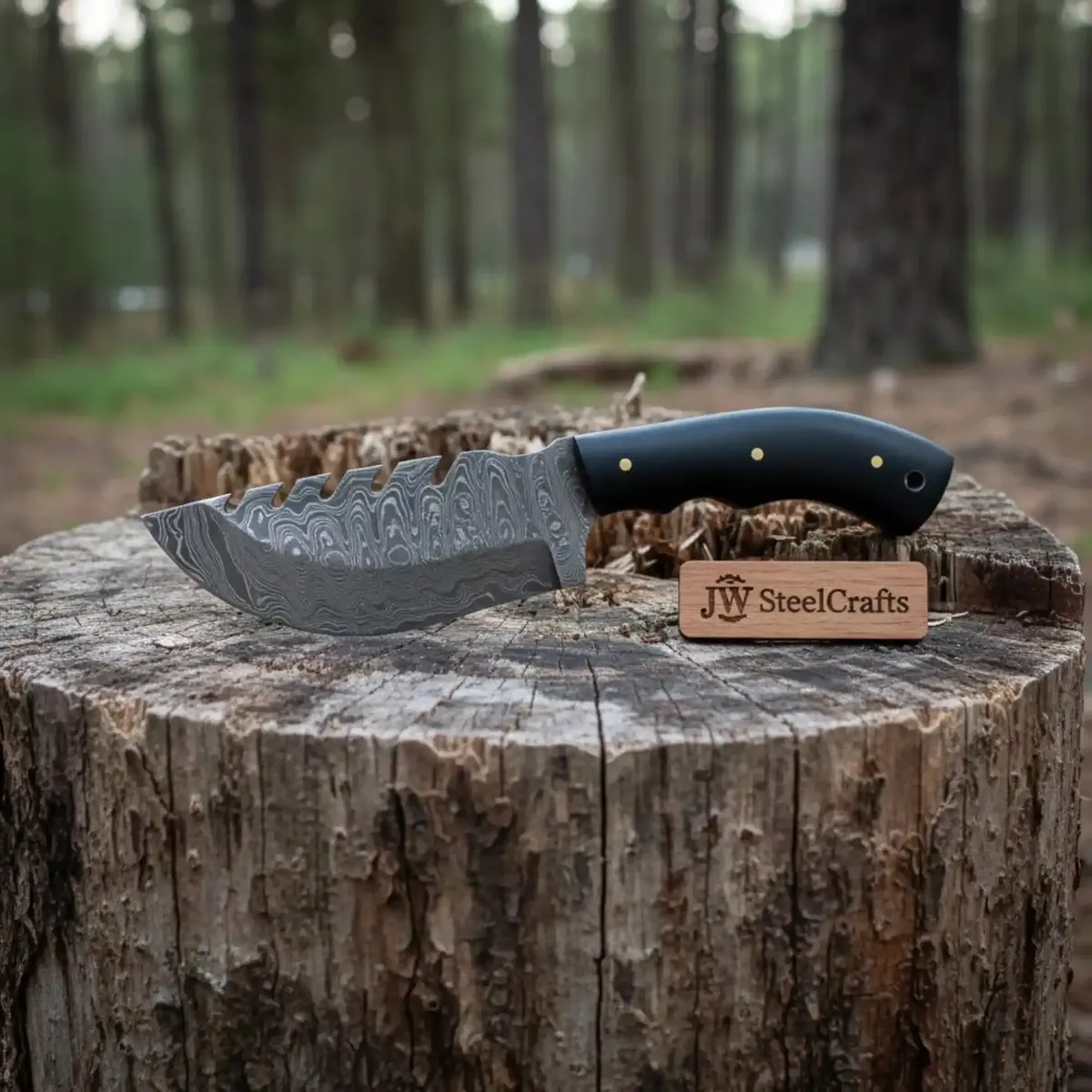 Handmade Damascus Tracker Knife With Black Micarta Handle, Fixed Blade Outdoor Hunting Knife 1