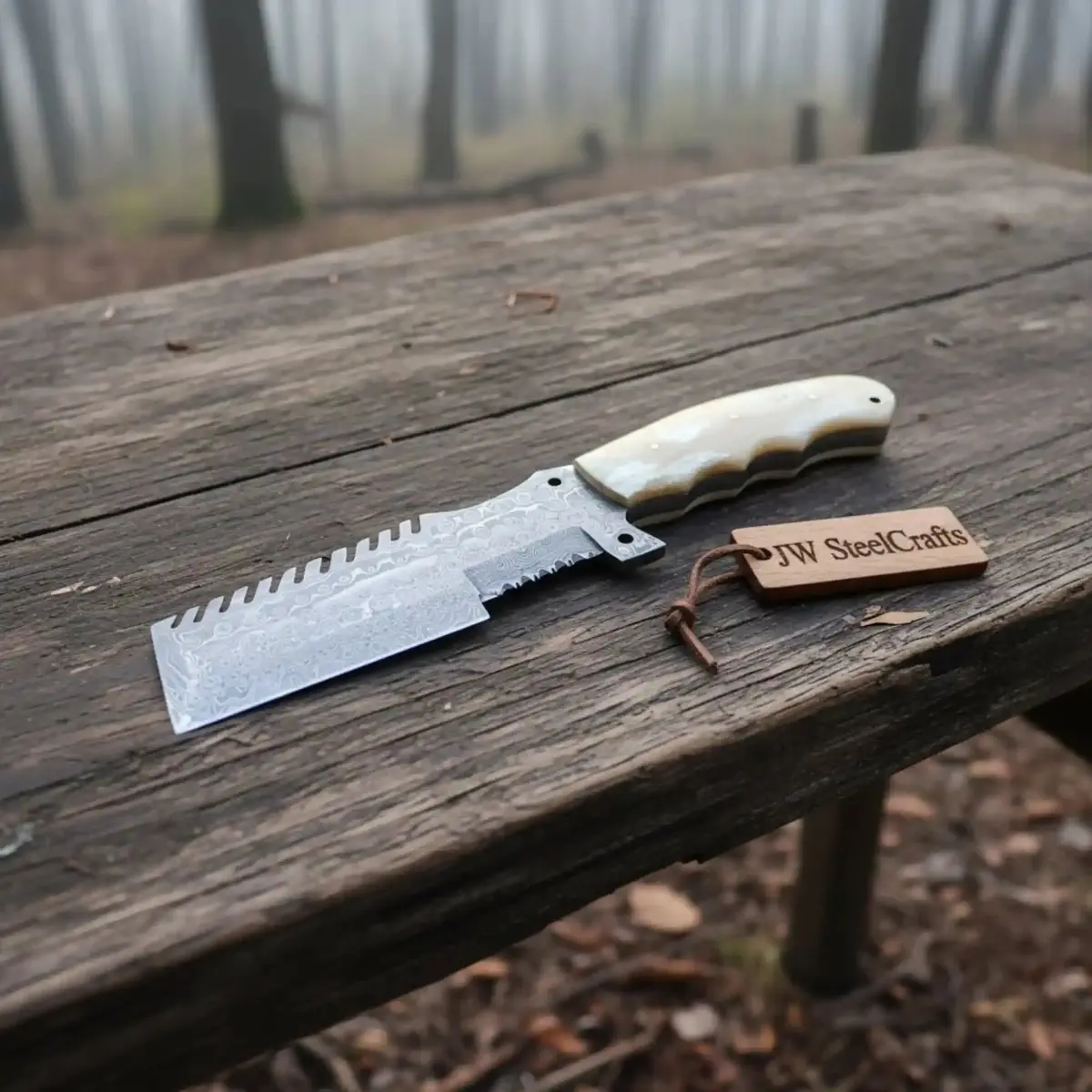 Handmade Damascus Tracker Knife With Bone Handle, Fixed Blade 1