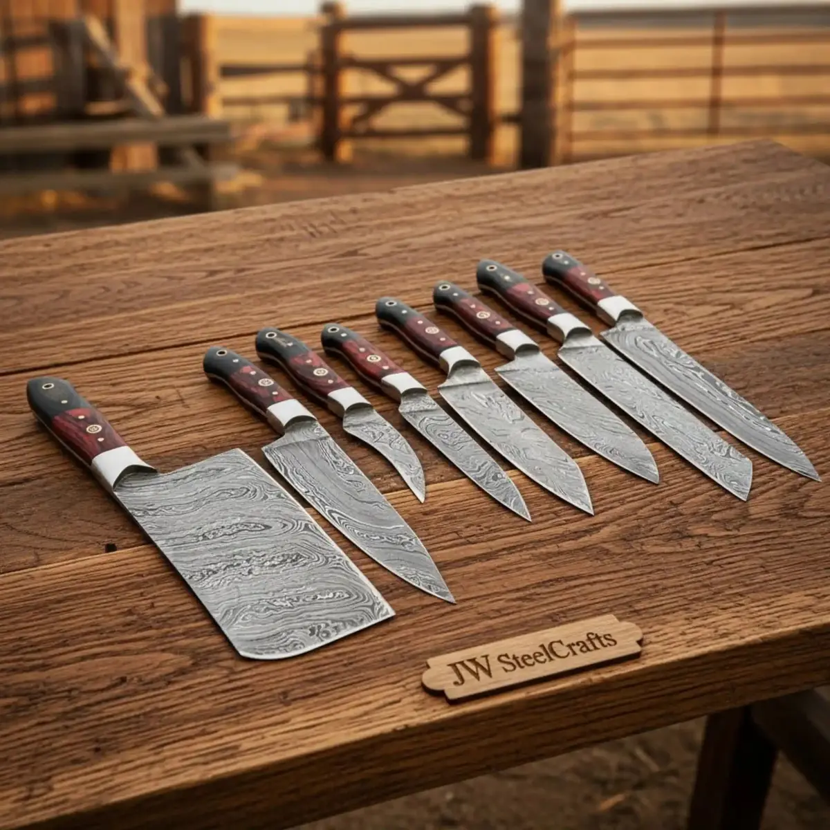 Handmade Damascus Western Chef Knife Set With Traditional Cleaver (8 Pcs) 1