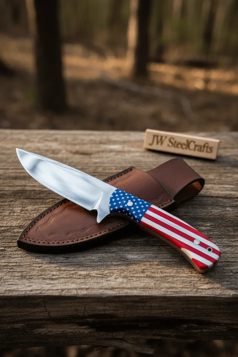 Handmade Drop Point Hunting Knife – High Polish Bearing Steel Blade, Usa Flag Handle, Full Tang Fixed Blade 1