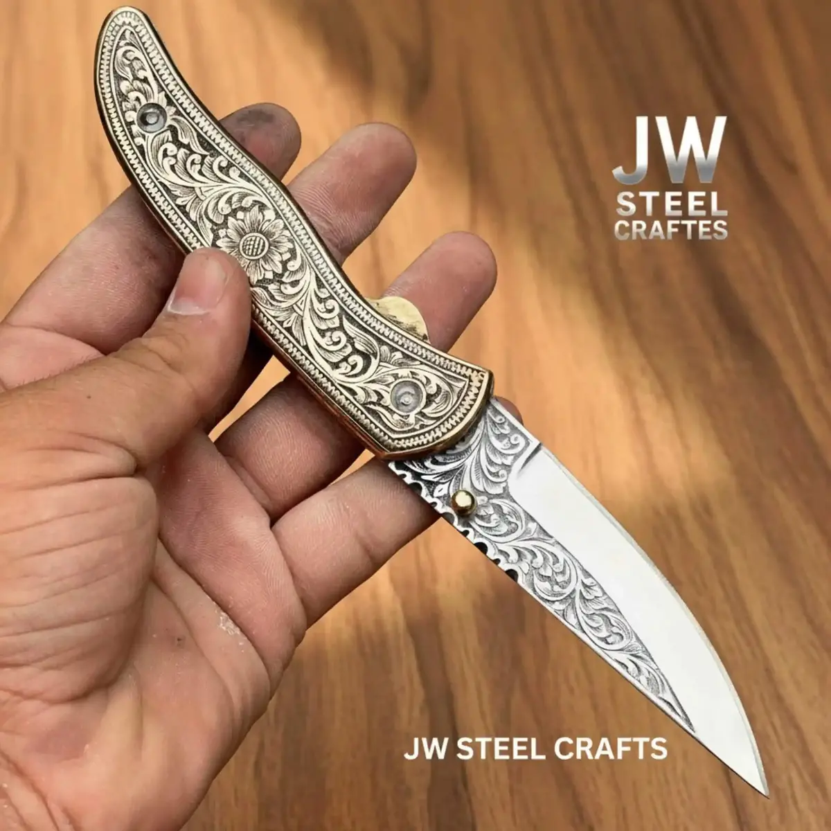 Handmade Engraved Folding Knife – Brass Handle Edc Pocket Knife 1