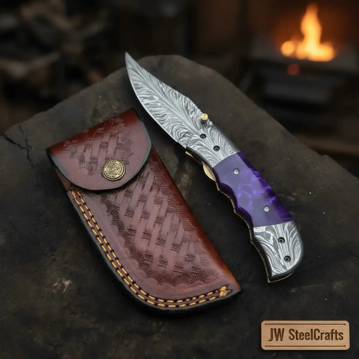 Handmade Feather Pattern Damascus Folding Knife With Purple Resin Handle & Leather Sheath 1