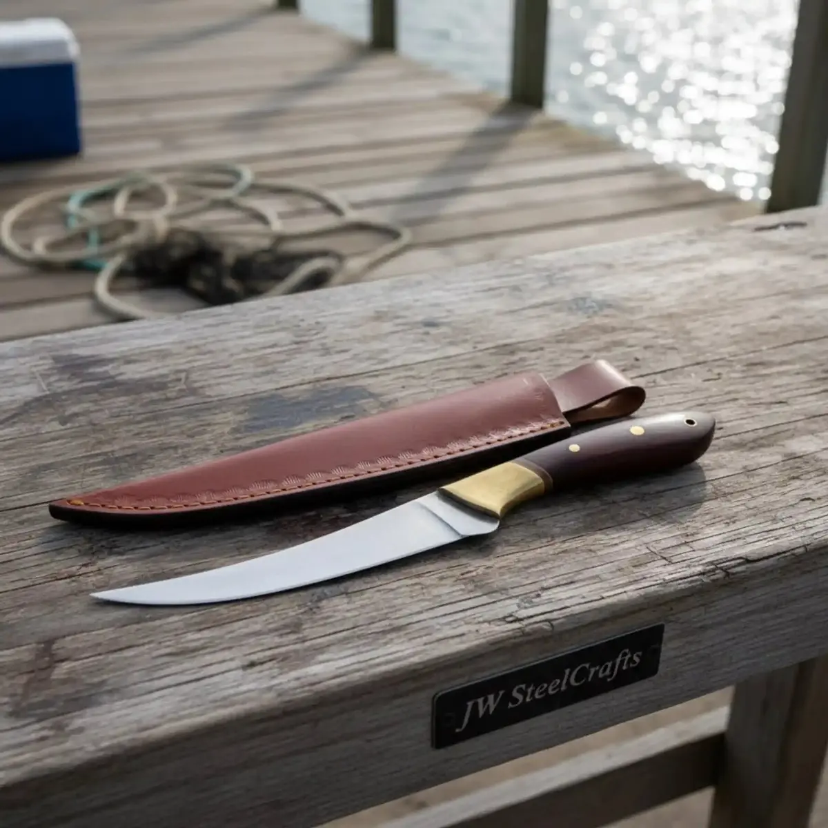 Handmade Fillet Knife – 11 Inch Overall, Curved Fish Filleting Blade With Rosewood Handle, Full Tang Fishing Knife With Leather Sheath, Jw Steelcrafts 1