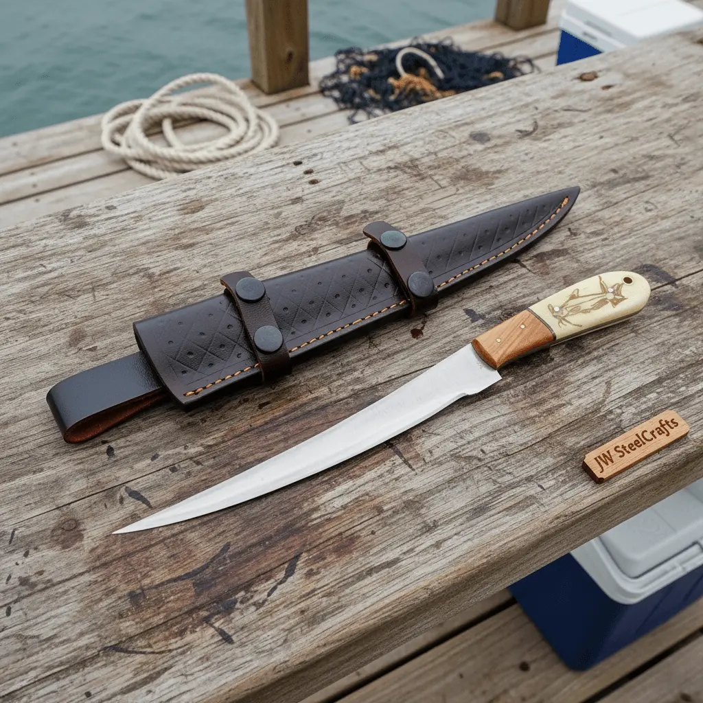 Handmade Fillet Knife – 13 Inch , Narrow Fish Filleting Blade With Engraved Bone And Wood Handle, Full Tang Fishing Knife With Leather Sheath 1