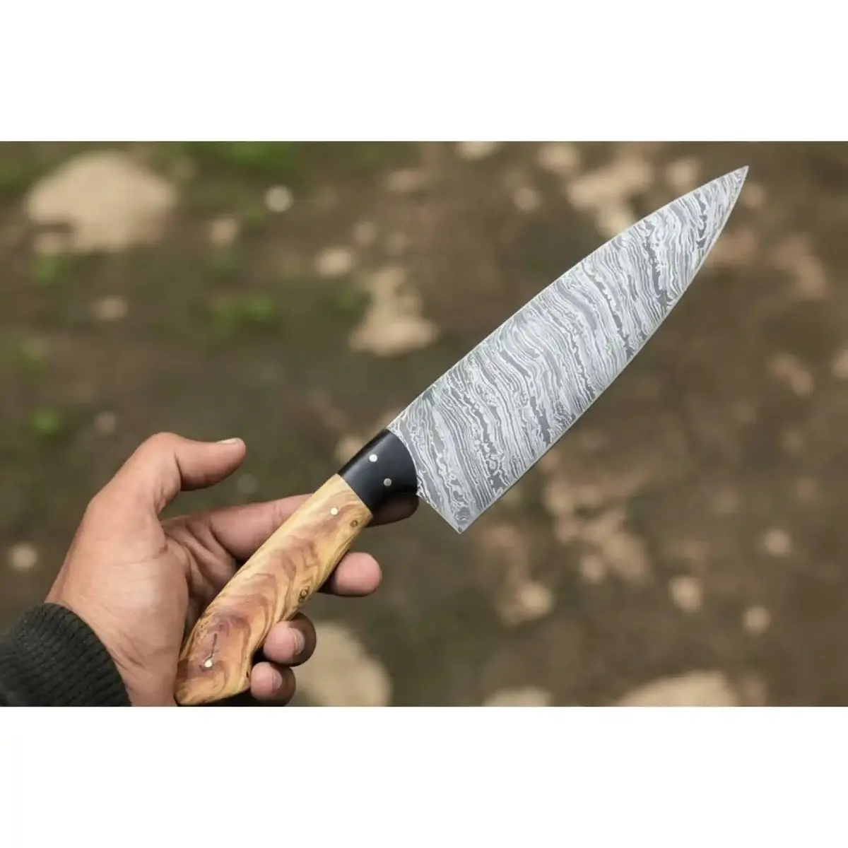 Handmade Fire Pattern Damascus Chef Knife Olive Wood And Black Resin Handle Full Tang Professional Kitchen Knife 1
