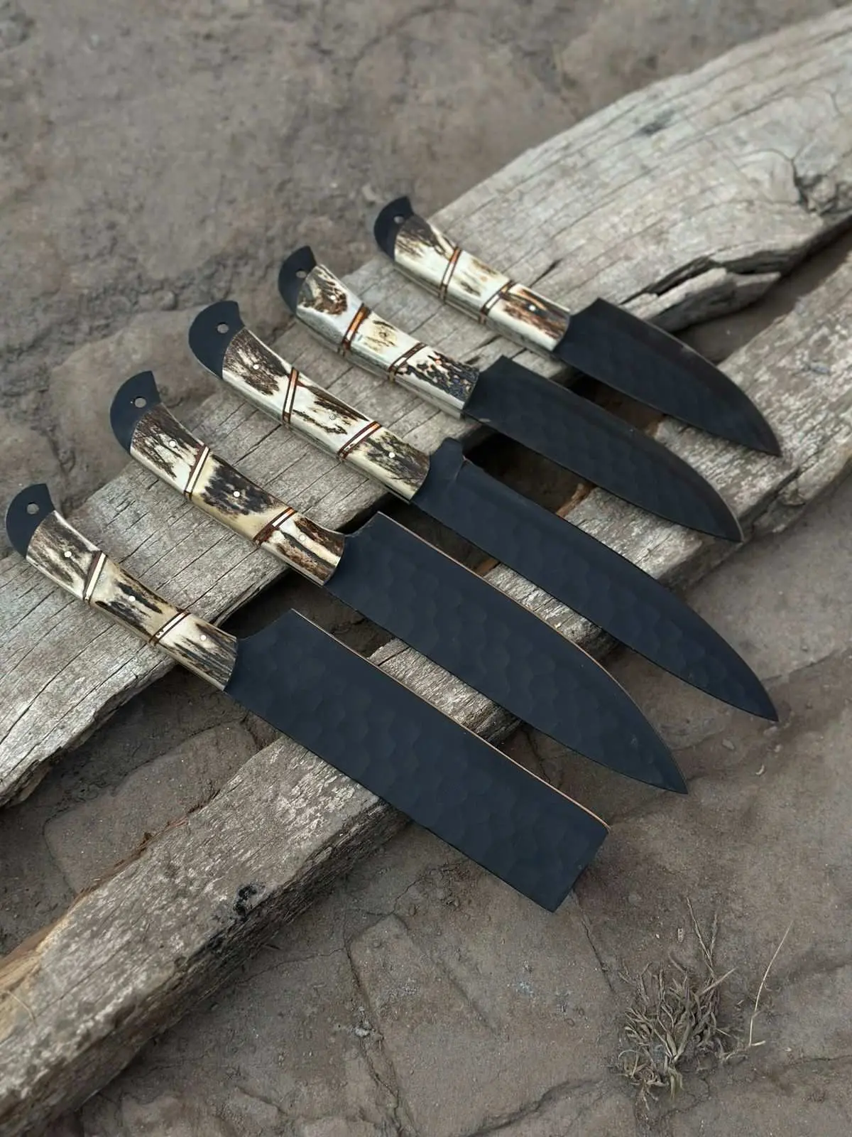 Handmade Hammered Chef Knife Set With Stag Antler Handles | 5-Piece Kitchen Knife Set 1