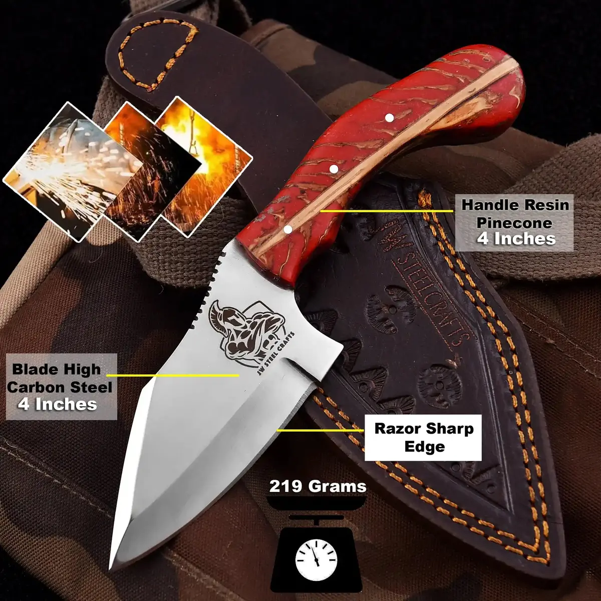 Handmade High Carbon Steel Drop Point Hunting Knife Resin Pinecone Handle With Leather Sheath 1